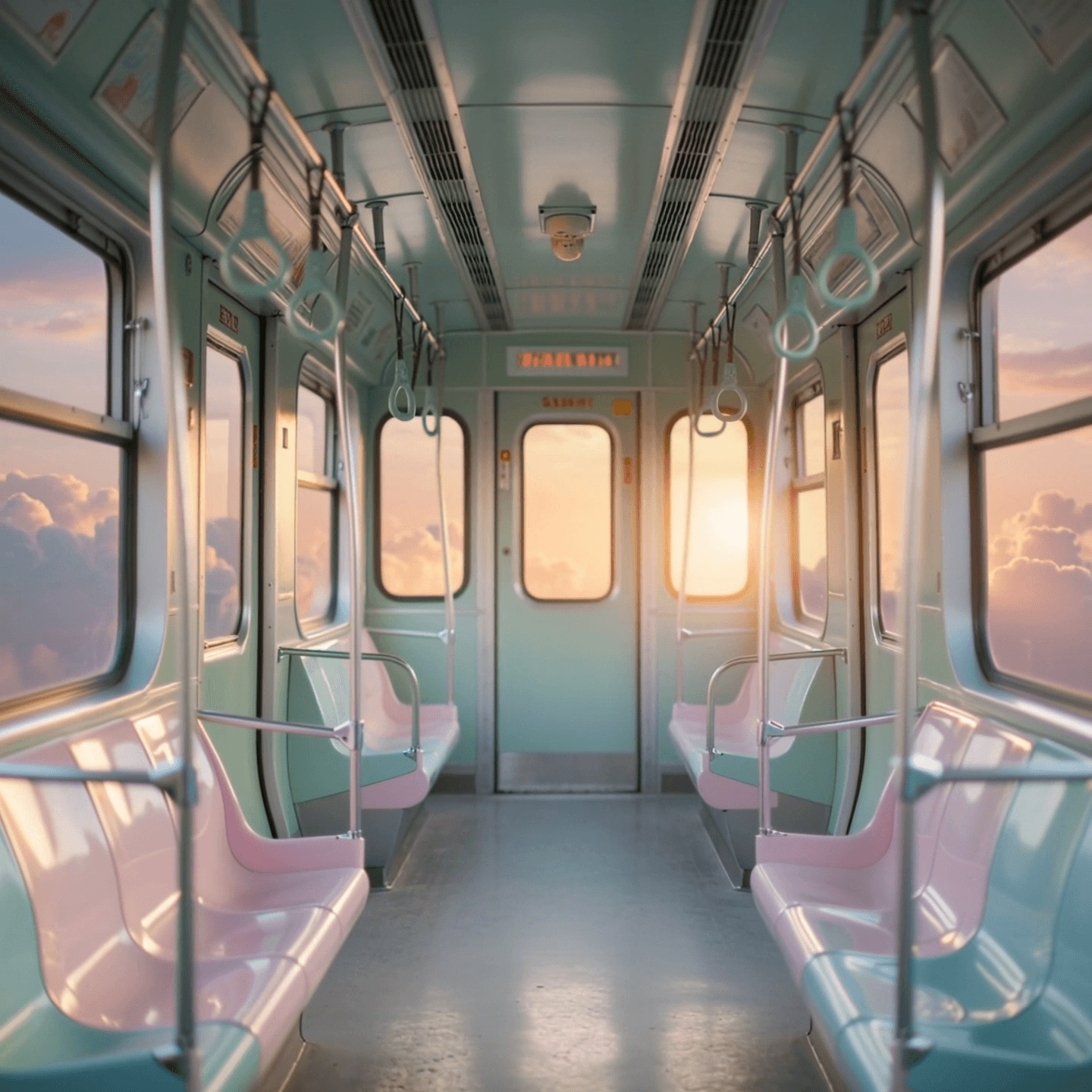 A highly cinematic photorealistic retro Japanese subway interior flying through a peach–pink sunset sky. The lighting is warm directional and atmospheric — with sunlight streaming softly through the windows creating golden rim light long diffused shadows and gentle volumetric haze. All surfaces have a muted matte finish; NO harsh reflections or glossy CGI shine. The pastel mint and blush pink interior is color-graded with soft creamy highlights low contrast shadows warm halation and delicate bloom for a dreamy filmic look. Subtle grain and atmospheric diffusion create the feel of high-end cinema. Outside glowing clouds drift slowly past the windows casting warm painterly reflections inside. Depth is emphasized with a slight haze and soft focus falloff. The camera slowly dolly-forward through the aisle in a perfectly symmetrical 9:16 vertical frame. The entire mood is surreal calm dreamy and unmistakably cinematic — like a pastel arthouse film. Absolutely no hyper-clean digital look no harsh lighting no plastic gloss