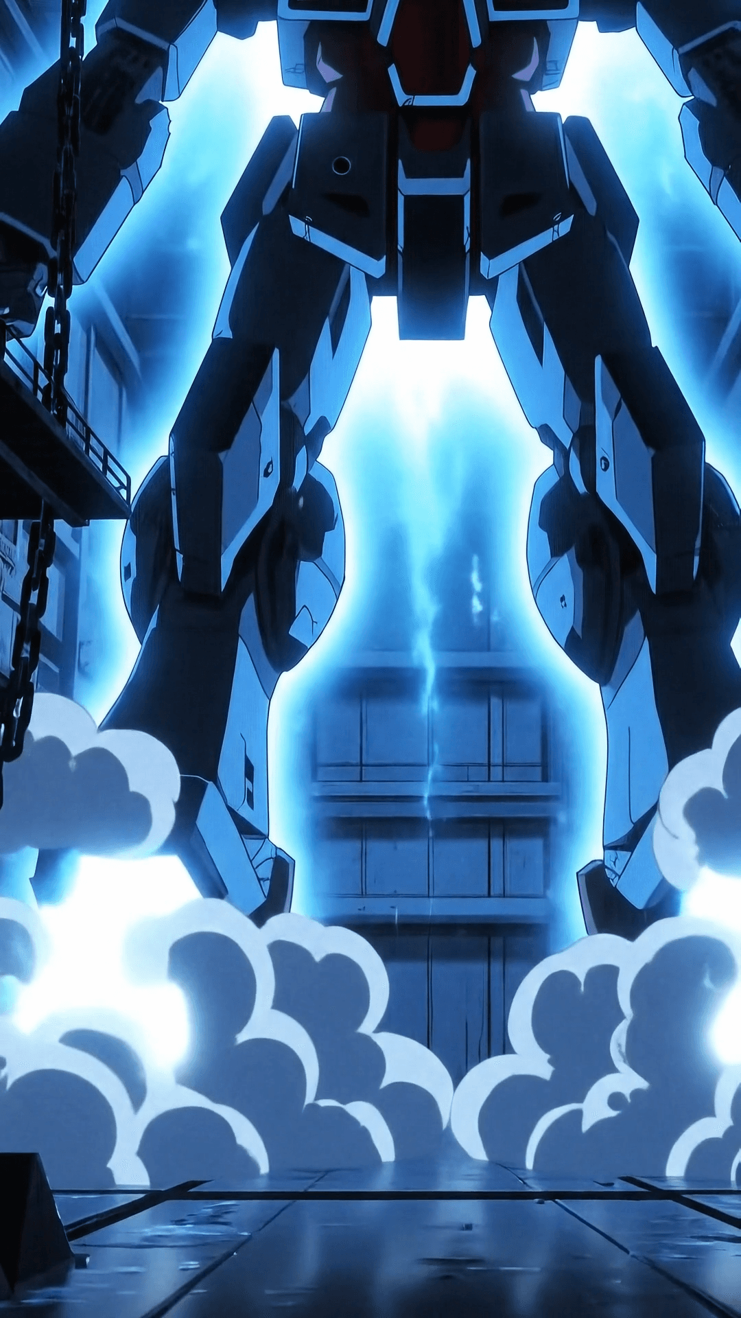 Animated scene of a massive futuristic mecha in a dark hangar igniting its blue plasma thrusters steam and sparks swirling as it prepares for launch. Cel-shaded anime aesthetic glowing blue light fills the frame camera slowly tilts upward to reveal its towering frame