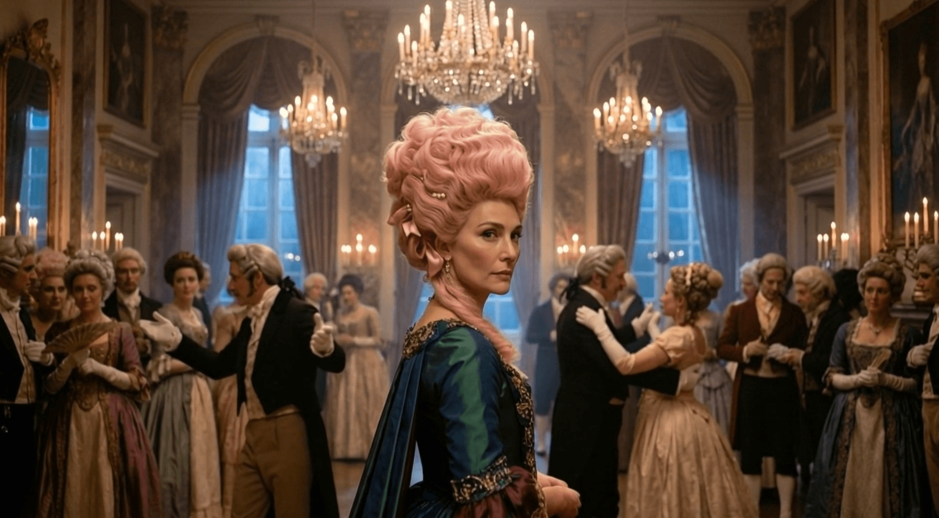 Ultra-cinematic wide shot (16:9) inside a grand 19th-century ballroom / drawing room. Smooth dolly glide at eye level. The leading woman stands or sits foreground center, dominating the frame, with the ballroom unfolding behind her in elegant symmetry (tall windows, gilded mirrors, chandeliers, velvet drapes, marble columns). The staging is designed so her silhouette is instantly iconic. One striking aristocratic woman, calm and powerful. She has ABSURDLY HUGE, towering puffed pink hair, styled like an extravagant powdered wig but pastel pink — sculpted curls, cloud-like volume, stacked height, delicate pearl pins and ribbon accents. Her hair is dramatically larger than everyone else’s by far, rising above the crowd and reading as a sculptural crown. She is composed and unbothered, eyes steady, slight knowing expression. Behind her, a dense crowd of aristocrats in Victorian formalwear and normal-sized powdered wigs form a whispering wall of gossip: people lean toward each other, hands partially covering mouths fans hide lips while murmuring subtle side glances directed at the heroine small clusters whisper simultaneously, creating a visible ripple of scandal. Their expressions are tense, curious, judgmental, and excited. The whispering is the key background action and should be clearly readable. A charged pause: the heroine slightly turns her head as if she hears the whispering — the room tightens. A couple mid-waltz hesitates. A gentleman freezes with a gloved hand half-offered. The atmosphere is elegant but suffocating with gossip. Candlelit ballroom with warm gold reflections on polished wood floor. Dust motes suspended. Classical paintings, ornate sconces, carved moldings. Subtle haze from candles and perfume creates depth. Golden candlelight and chandelier glow as key, cool moonlight through windows as contrast. The heroine gets a gentle rim light to outline the enormous pink hair and separate her from the whispering crowd. Soft halation on highlights, volumetric rays through haze, dramatic shadow falloff. Shot on ARRI AMIRA, high dynamic range, smooth highlight roll-off. Premium lens character (Cooke / vintage prime vibe): creamy bokeh, gentle chandelier flares, elegant focus falloff. 50mm perspective, shallow depth of field: heroine tack sharp, background crowd softly blurred but expressions and whispering gestures still readable. Subtle film grain, prestige period color grade. Warm gold candlelight + cool blue moonlight + jewel-toned fabrics. The heroine’s massive pink hair is the bold color anchor, balanced by emerald/sapphire/burgundy accents in her gown. The crowd stays muted (cream, gold, dusty blue) to amplify her presence.
