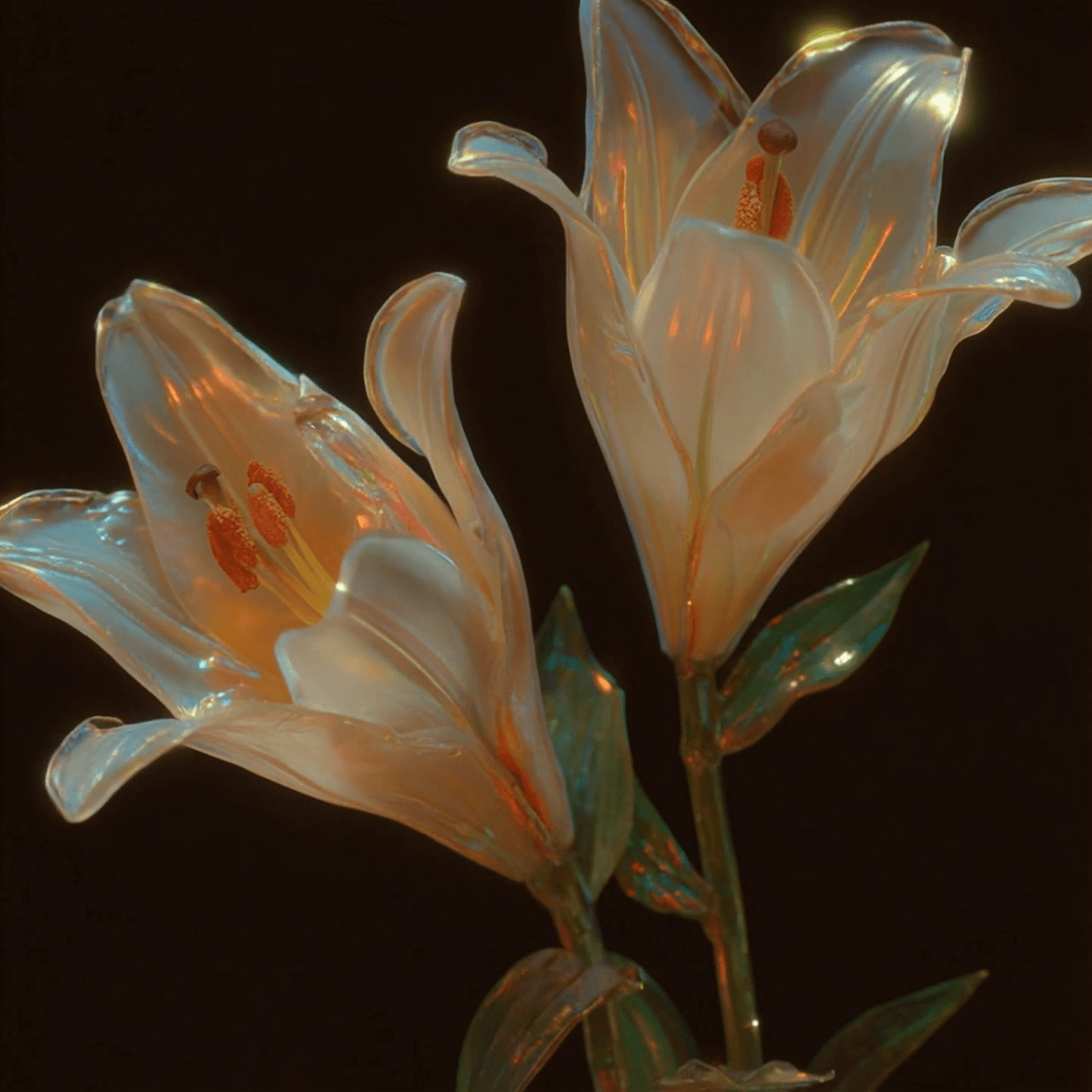 a neon lamp in the shape of two lily flowers, with rainbow colors against a black background, in the style of hyper-realistic photography.