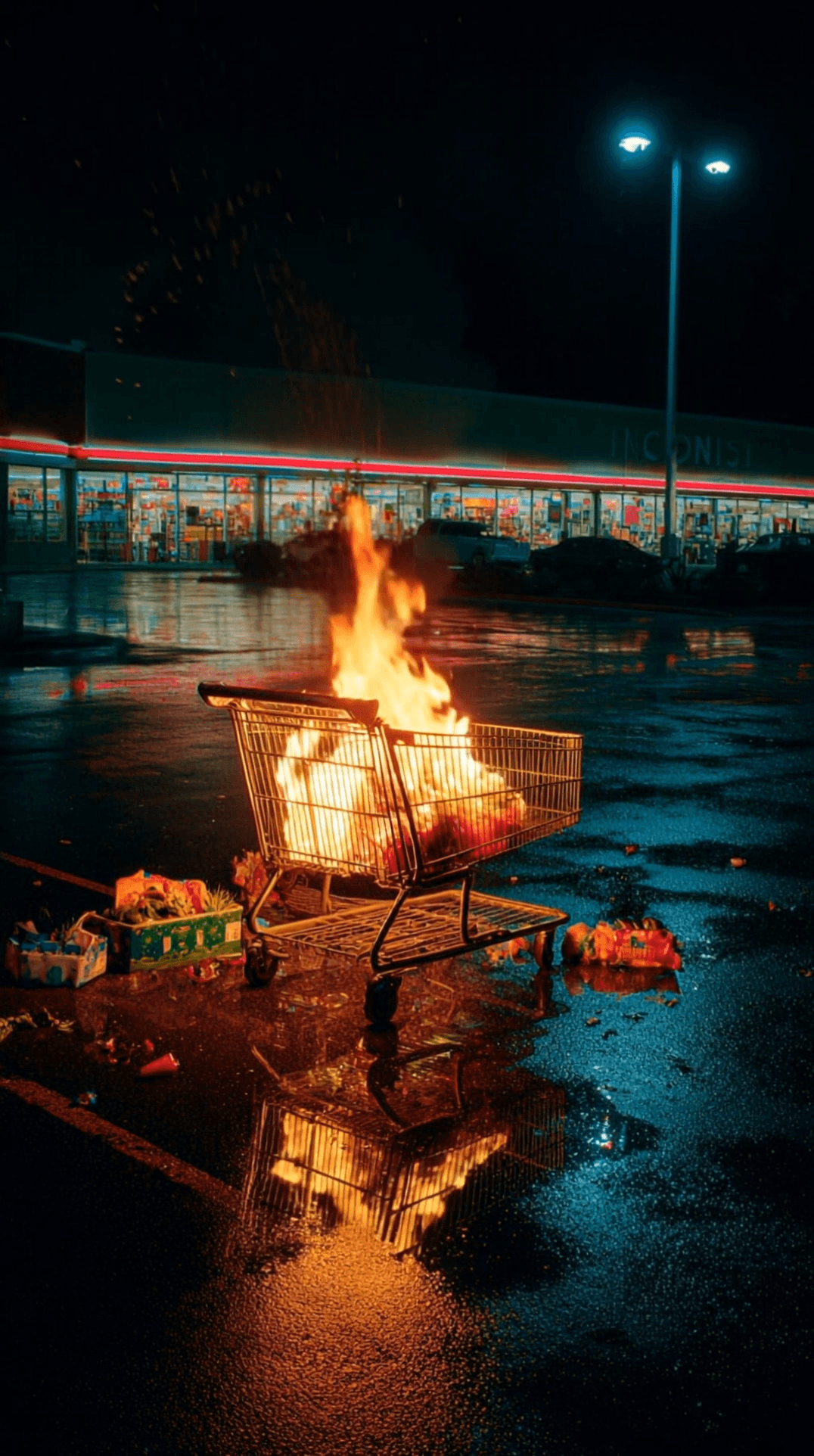 a lone shopping cart overflowing with groceries cereal boxes plastic bottles produce paper bags all catching fire fully engulfed in bright orange flames in the center of an empty nighttime parking lot wet glossy asphalt reflecting vivid orange firelight and cool blue streetlamp tones tall street lamps casting crisp shadows and clean highlights a retro 1980s supermarket in the background with bright neon signage and glowing fluorescent interior lights bold geometric storefront design with perfectly clear visibility ultra-cinematic composition high-detail metal cart wires glowing from heat groceries burning with realistic textures and melting plastics strong color contrast between warm fire and cool night tones hyper-realistic dramatic lighting