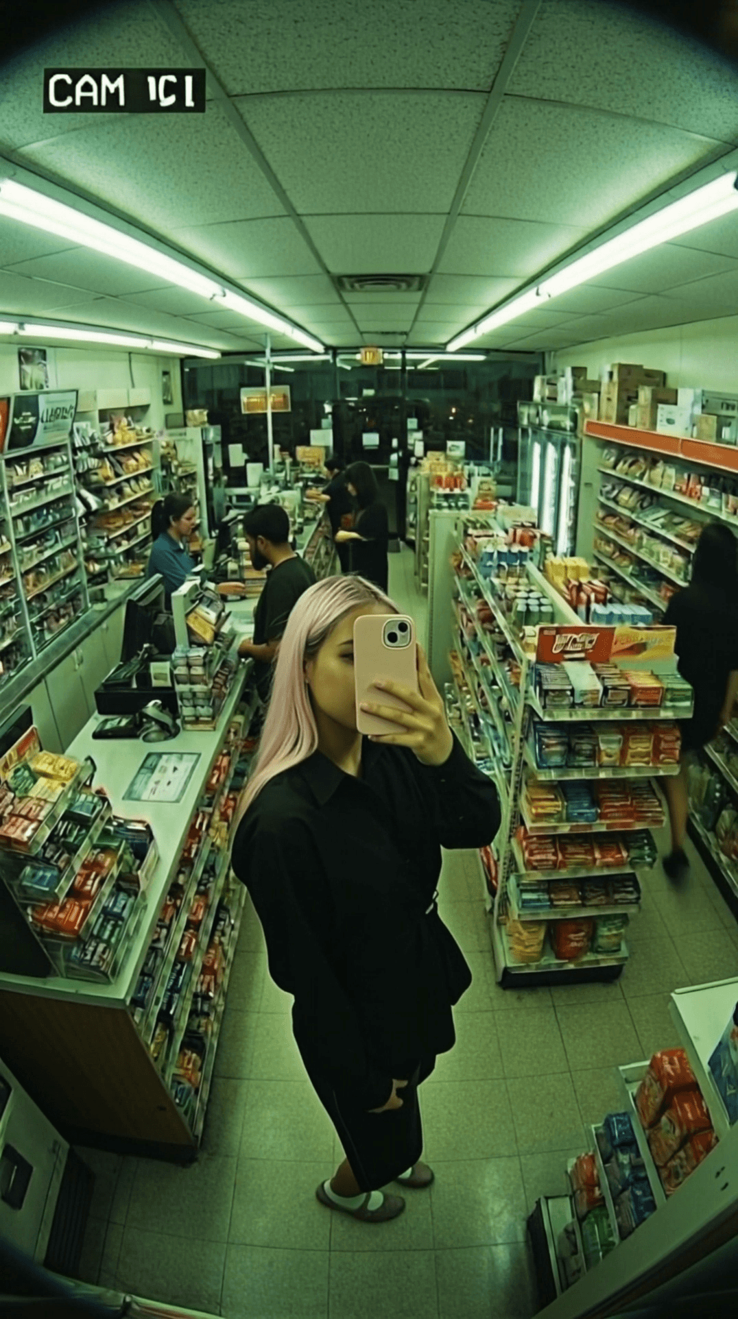 Inside a small convenience store at night viewed from a fixed overhead CCTV camera with a wide-angle lens the scene appears as low-resolution surveillance footage with visible compression artifacts optical softness mild distortion and uneven fluorescent lighting. The camera remains completely static and elevated capturing narrow aisles stocked shelves and the checkout counter at the back. The image maintains baked-in blur grain and color noise consistent with security camera recordings. At the center of the frame a young woman stands beneath the camera holding her phone up toward her face while using the CCTV view to take selfies. She shifts her weight subtly from one leg to the other adjusting her stance and posture so her body angle changes slightly over time. She turns her shoulders briefly into a side profile then back toward the camera experimenting with framing while keeping her face partially hidden behind the phone. At moments she raises her free hand to make simple gestures such as a V sign with her fingers holding the pose briefly before lowering her hand and adjusting the phone angle again. Her movements are small deliberate and casual creating continuous motion without revealing clear facial detail. In the background store activity continues naturally and independently: the cashier and a customer interact at the counter items are handled and exchanged and another person further down an aisle adjusts products on a shelf. These background actions remain understated and secondary never acknowledging the camera or the woman. All motion feels natural and unforced with the surveillance aesthetic preserved throughout. The visual quality remains soft